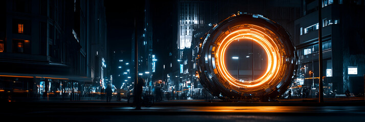 Fototapeta premium Futuristic Cityscape, Glowing Portal in Night City, Illuminating Urban Streetscape with Vibrant Energy.