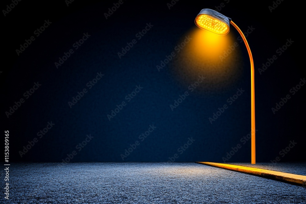 Poster a minimalist hdr composition of a glowing streetlight casting its golden light on empty pavement aga