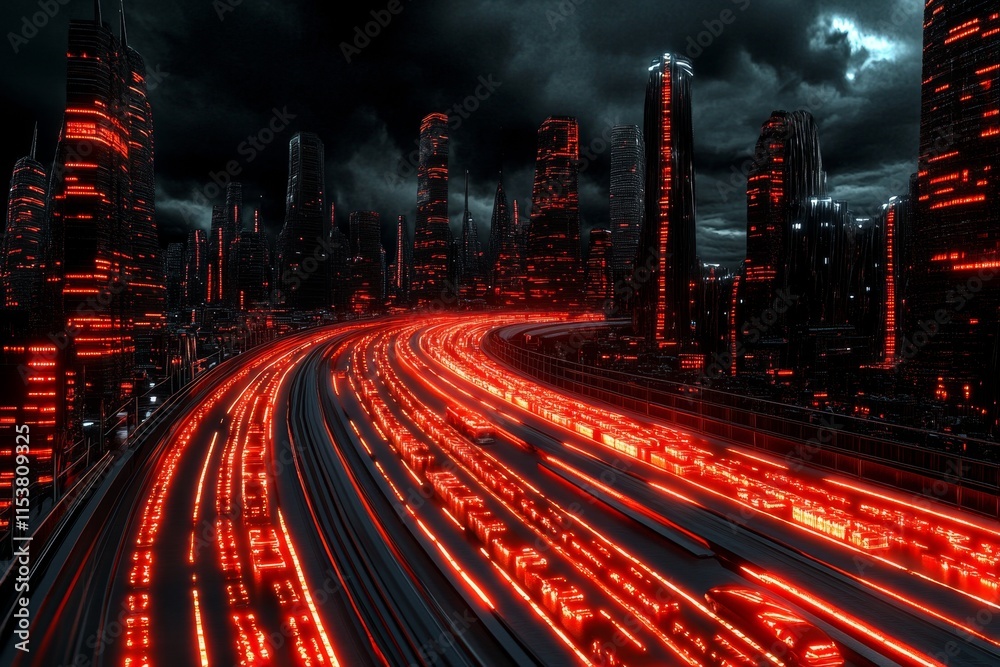 Poster a minimalist concept of a futuristic highway with sharp, bold lines and glowing neon highlights agai