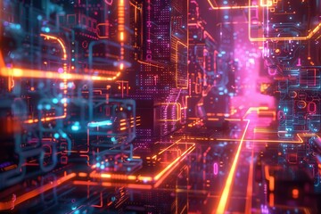 Abstract Neon Cityscape with Glowing Circuitry