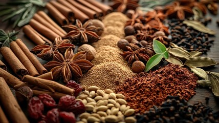 An array of vibrant spices arranged on a wooden surface.