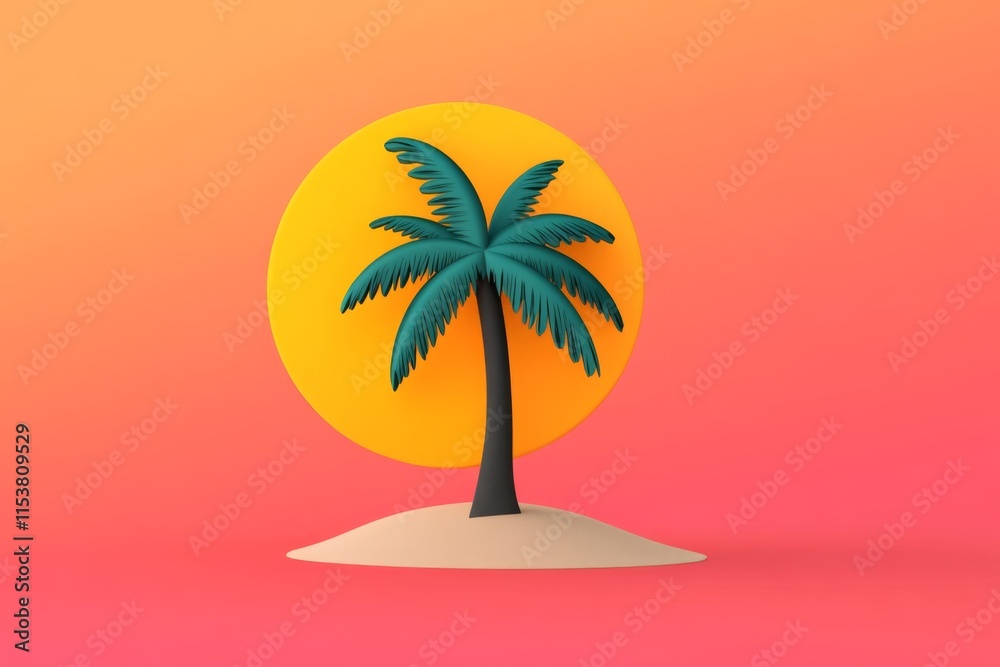 Aufkleber a minimalist illustration of a palm tree on a small island, set against a vibrant gradient backgroun