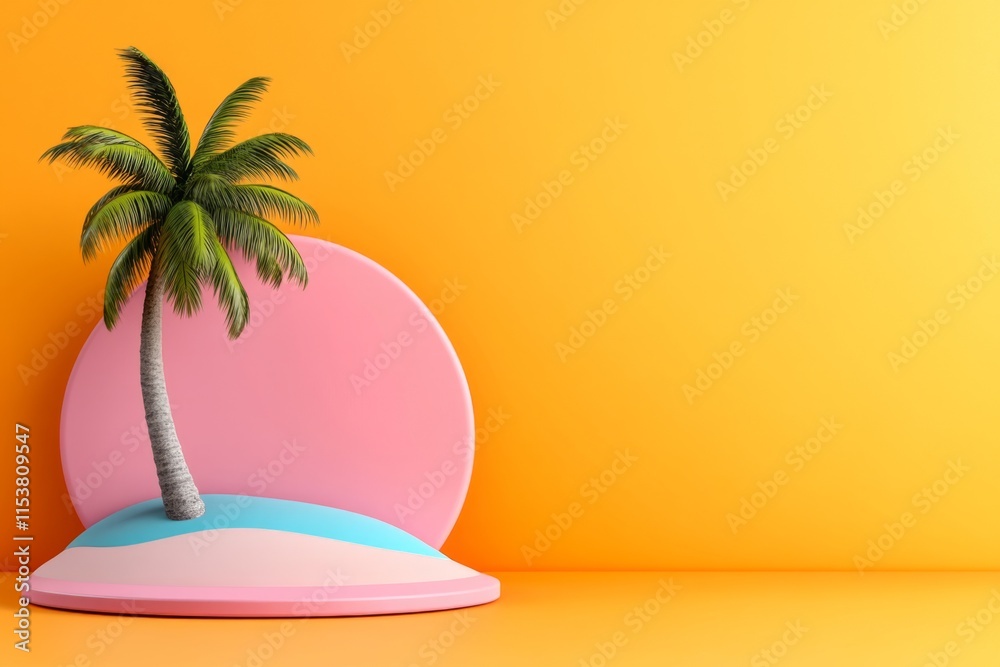 Poster a minimalist illustration of a palm tree on a small island, set against a vibrant gradient backgroun