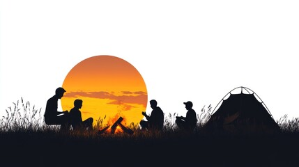 Group of friends sitting around a campfire, silhouette art design with a tent in the background of the sun