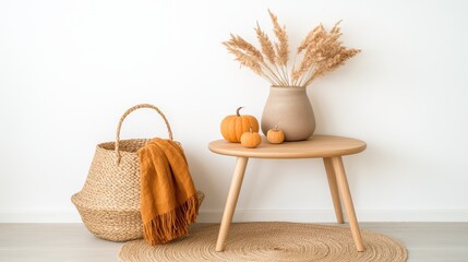 Fototapeta premium Cozy Autumn Decor with Pumpkins and Dried Grasses in a Minimalist Living Space