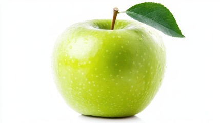 fresh organic green apple with vibrant leaf showing natural texture and perfect shape in professional product photography on white