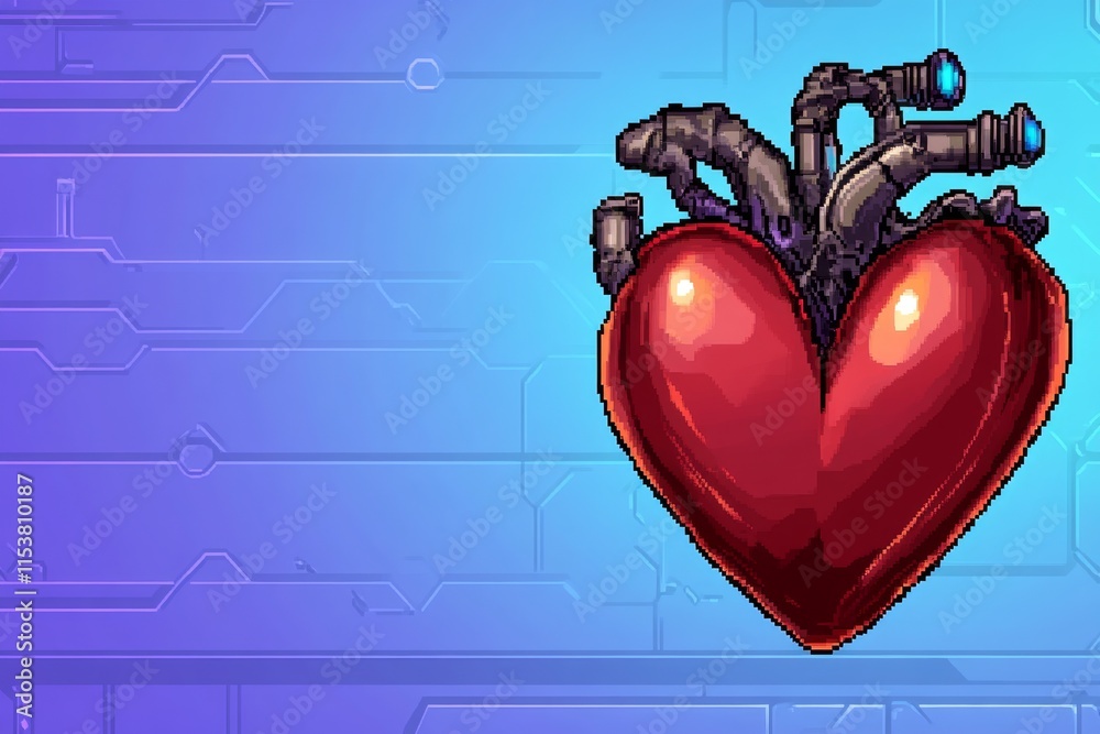 Poster A pixel art depiction of a beating red heart with animated glowing edges, set against a retro 8-bit background resembling a video game health bar