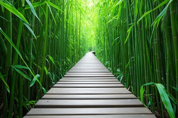 Fototapeta premium A picturesque Hawaiian bamboo forest, with sunlight filtering through the tall, green stalks and a wooden trail leading deeper in
