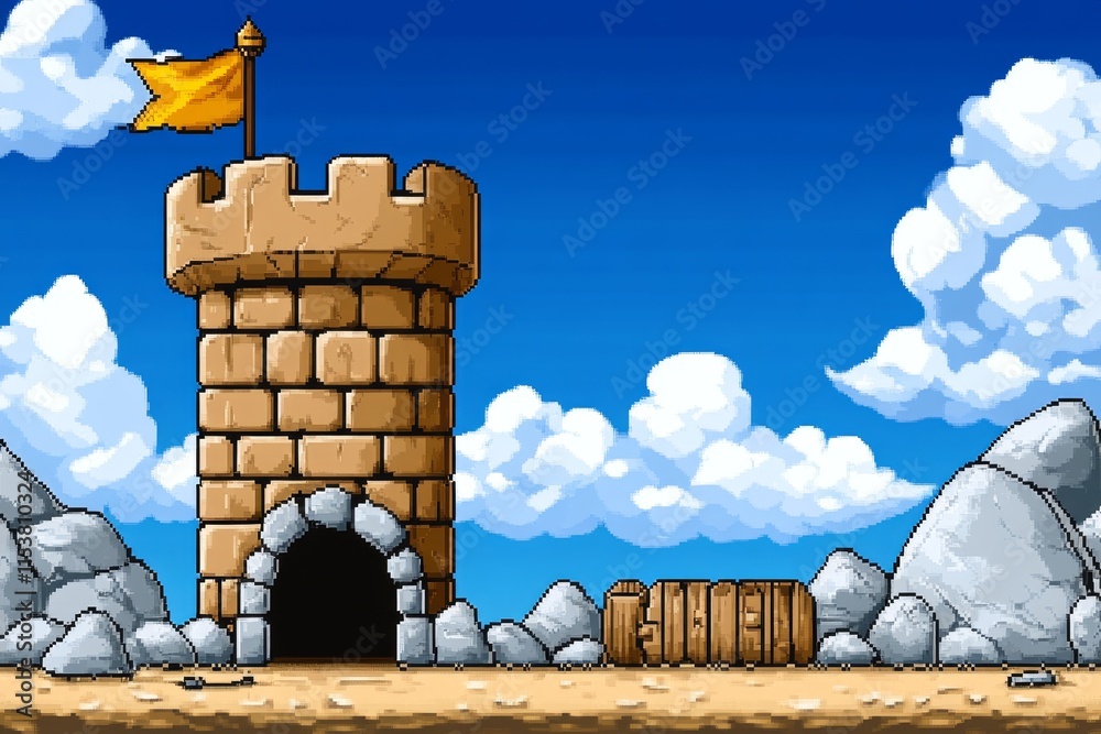 Poster a pixel art version of a medieval castle, complete with knights, banners, and a drawbridge in classi