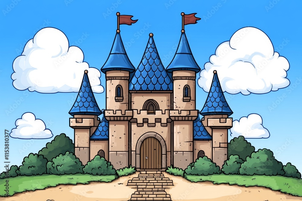 Poster a pixel art version of a medieval castle, complete with knights, banners, and a drawbridge in classi
