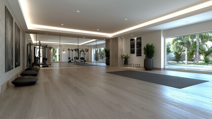 Modern Fitness Studio Interior Design with Equipment, Natural Light, and Minimalist Aesthetic