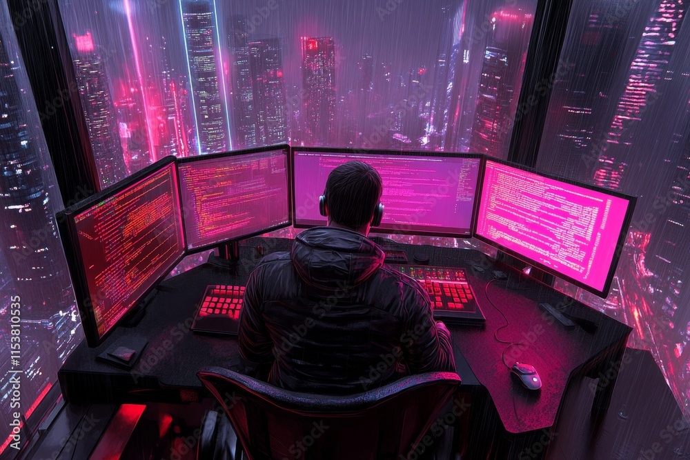 Aufkleber A programmer typing on a mechanical keyboard, surrounded by multiple glowing monitors displaying lines of code in a dark workspace