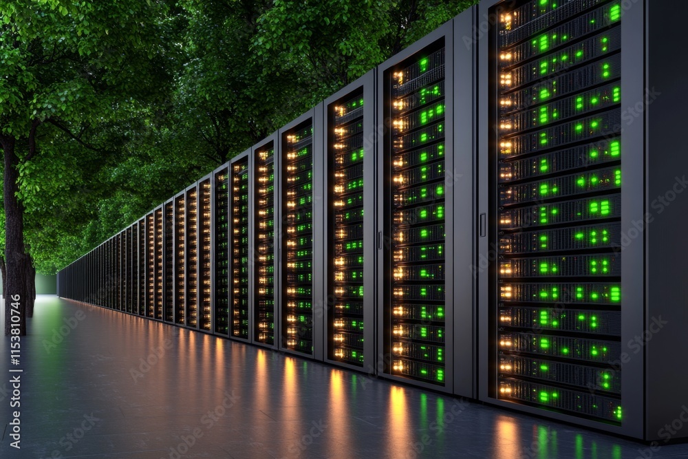 Poster A realistic scene of a server room with racks of HDDs in RAID arrays, their status lights glowing green in a dark environment