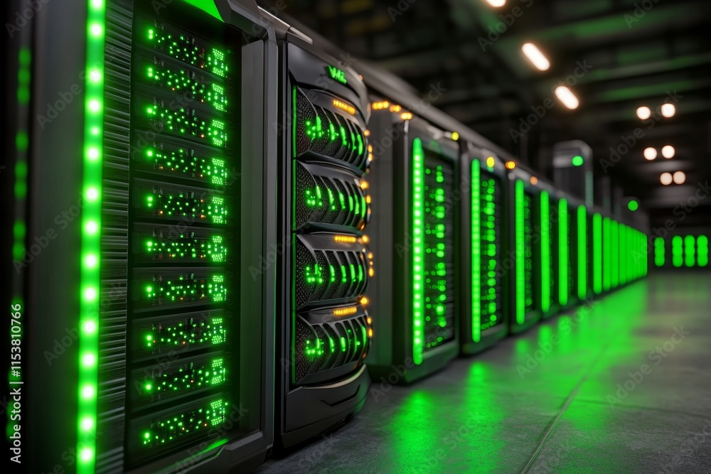 Aufkleber A realistic scene of a server room with racks of HDDs in RAID arrays, their status lights glowing green in a dark environment