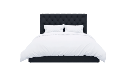 Stylish bed with white bedding and dark headboard. transparent background
