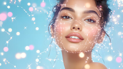 Skincare model and Cosmetic Innovation, Blending Organic Patterns, Bioluminescence, and Minimalist 3D Aesthetics.