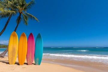 A row of surfboards standing upright in the sand at Waikiki Beach, surrounded by a calm ocean and clear skies