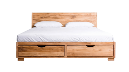 Stylish wooden bed with white bedding. transparent background