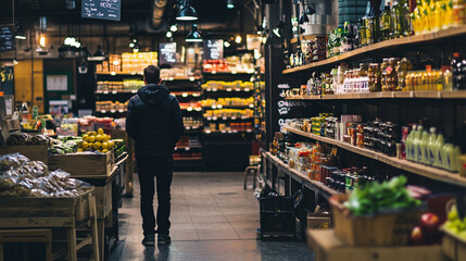 Obraz premium A man stands in a well-stocked grocery store aisle..