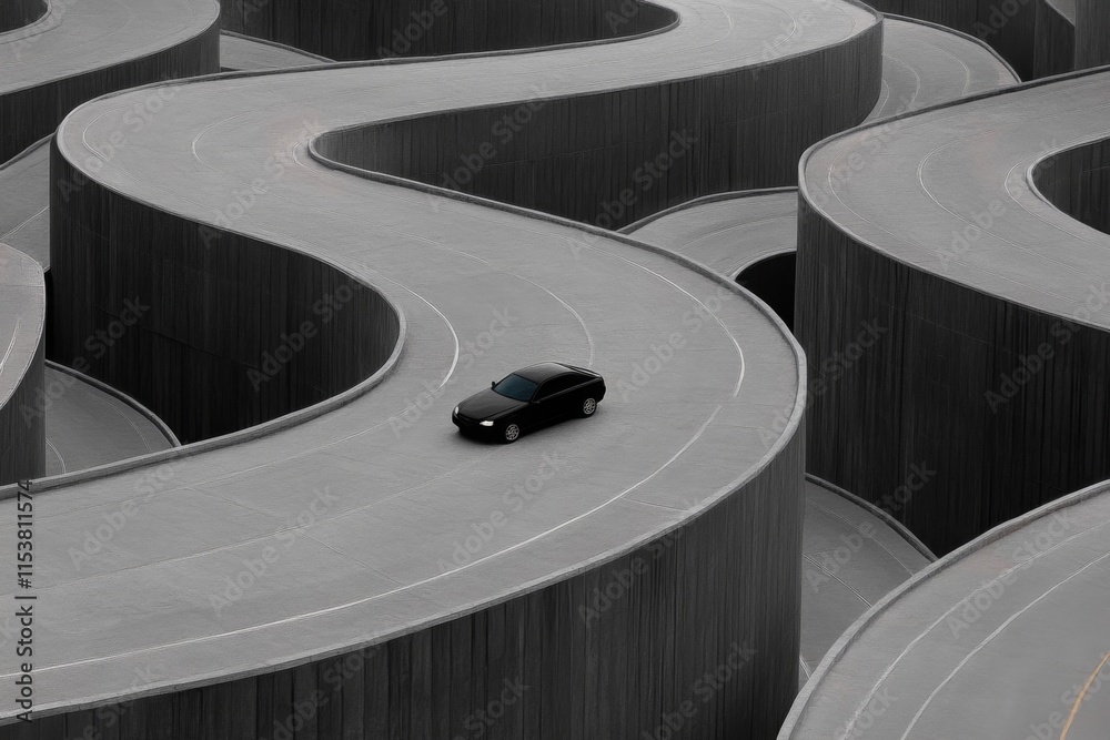Poster a simple geometric design of a winding highway in soft gray tones, with a lone car as a small focal 