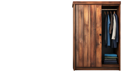 Stylish wooden wardrobe with open sliding door. transparent background