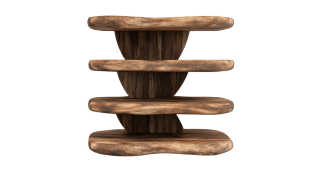 Unique wooden shelf with organic design features. transparent background