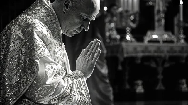 In a monochrome setting, a priest is immersed in prayer, his hands clasped and eyes closed, amidst the serene ambiance of flickering candlelight.