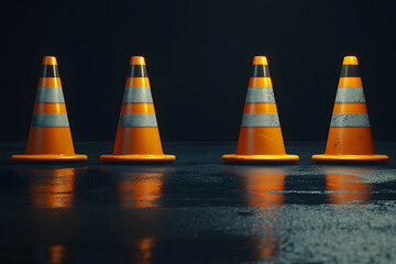 Row of Traffic Cones on Wet Asphalt with Dark Background – Road Safety and Construction Concept
