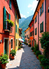 Fototapeta premium Small town narrow street view with colorful houses in Malcesine, Italy during sunny day. Beautiful lake Garda. new image