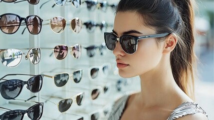 Fashionable woman scrutinizing a display of designer sunglasses deliberating over the perfect pair to add to her collection
