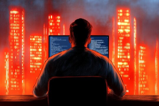 A soft watercolor painting of a programmer sitting under soft lighting, surrounded by glowing lines of colorful code