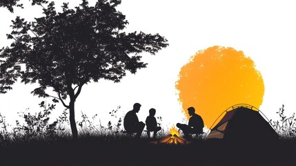 Group of friends sitting around a campfire, silhouette art design with a tent in the background of the sun