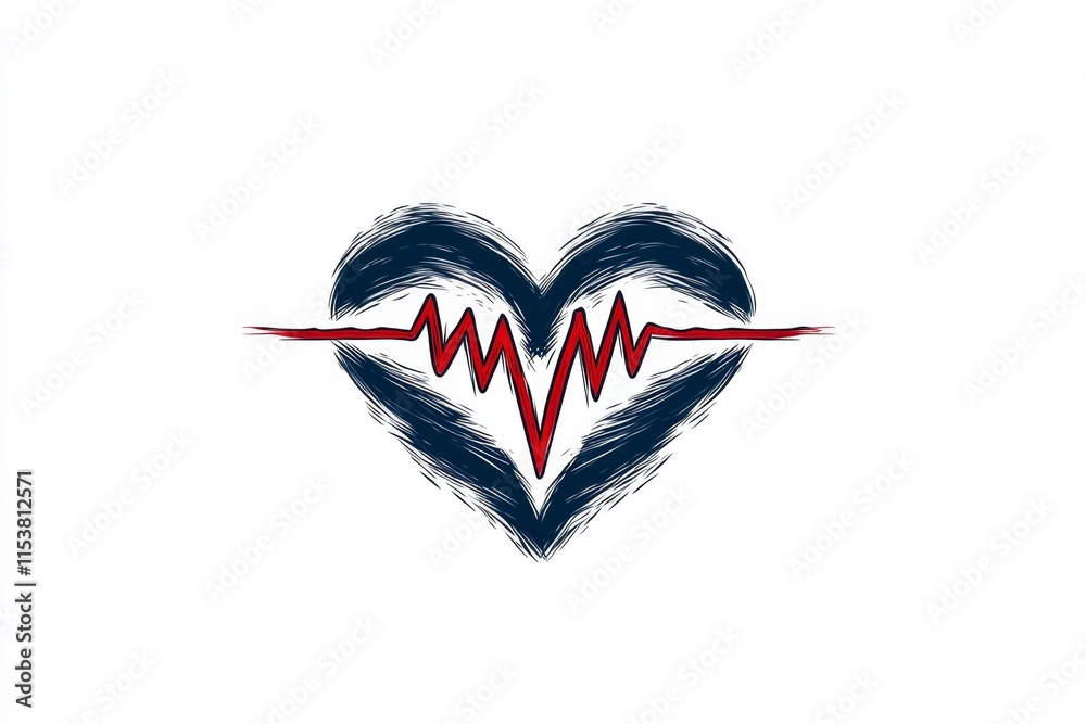 Poster A stylized flat design of a heart with a heartbeat line running through it, drawn in bold red and black lines on a white background
