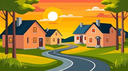 Naklejka premium Peaceful Sunset Village Four houses basking in the warm glow of the setting sun, trees swaying gently, with a narrow road curving through the scene (