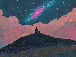 A person contemplating life under a starry night sky.