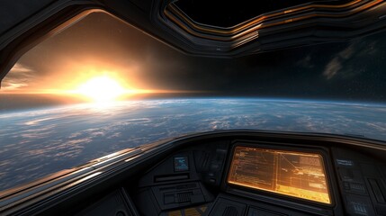Obraz premium Stunning Inside View of a Futuristic Spaceship Cockpit Overlooking Earth with Breathtaking Sunrise and Detailed Instrument Panels