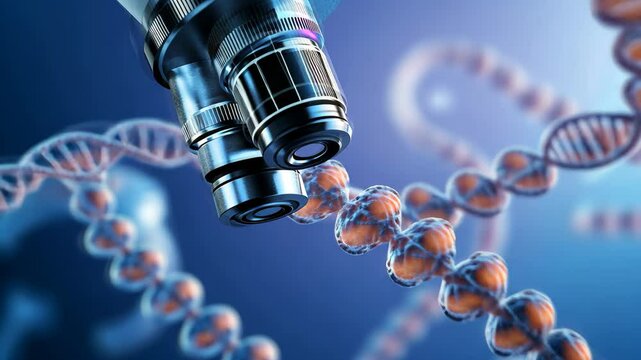 A detailed exploration of genetic technology as the Gen Alpha Turbo Minim microscope displays DNA structures. Researchers examine intricate details within a modern lab setting
