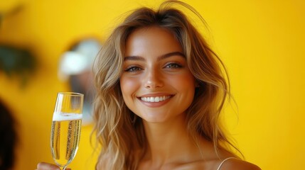 Young smiling woman with blonde hair holding champagne glass celebrating party event with bright yellow background indoors festive mood elegance