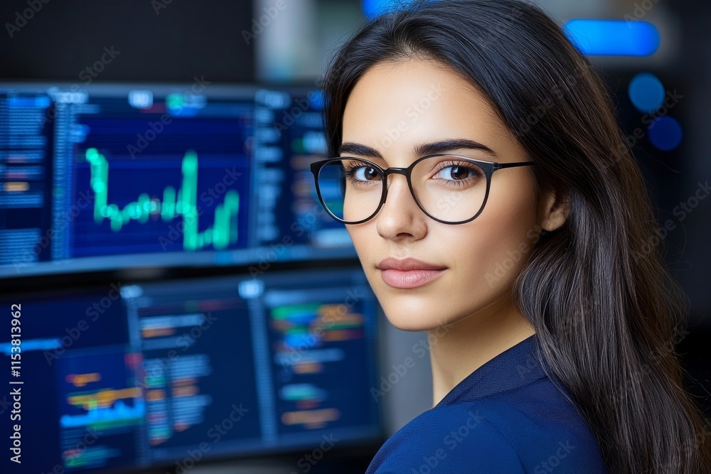 Poster A woman coding algorithms for stock market predictions, surrounded by technical books, data charts, and monitors in a tech hub