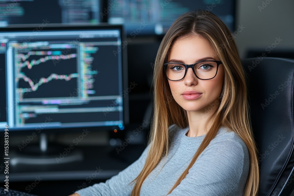 Poster A woman coding algorithms for stock market predictions, surrounded by technical books, data charts, and monitors in a tech hub