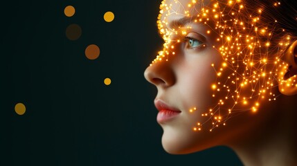 Obraz premium Futuristic 1970s Fashion Model Portrait Showcasing Creative Styling and Unique Visual Elements with Glowing Particle Effects and Striking Background