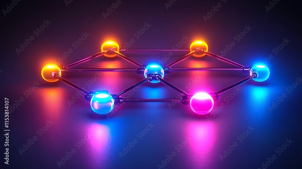 Poster vibrant and dynamic network of interconnected spheres lines and dots glowing against a dark gradient