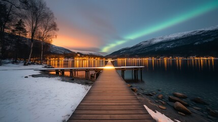 Fototapeta premium A Vibrant Bridge Connecting Two Fantastical Planets Under a Colorful Aurora with Reflections on a Serene Lake During Dawn