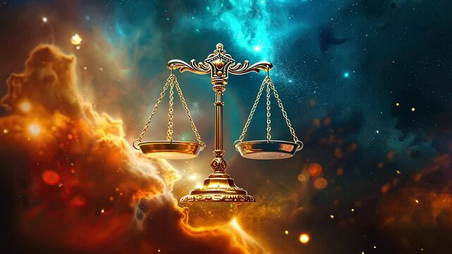 Libra zodiac sign against cosmic nebula