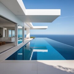 Luxurious modern villa with an infinity pool overlooking a serene ocean, featuring minimalist architecture, clean white surfaces, and a seamless indoor-outdoor living space under a clear blue sky