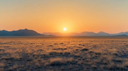 A serene sunset over a vast, grassy landscape with distant mountains.