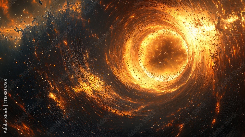 Poster mesmerizing digital abstraction showcasing a dynamic vortex of swirling particle streams in a vibran
