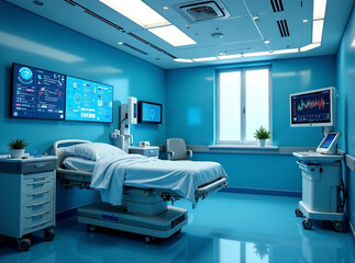 modern hospital room with advanced technology future of healthcare. The room features digital screens medical devices virtual assistant for providing patients personalized care diagnostics. new image