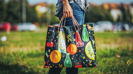 person using a cloth shopping bag, integrated with an image of a zero-waste lifestyle. | [environment]:[Sustainable living] 