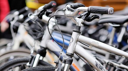 Obraz premium of an urban bike-sharing program, integrated with an image of bicycles, emphasizing eco-friendly commuting. | [environment]:[Sustainable living] 